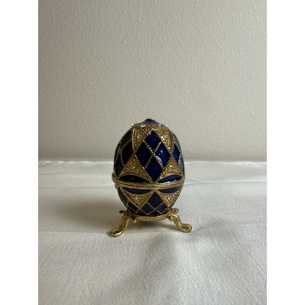 Vintage Faberge Egg Replica Trinket Box In Cobalt Blue / Gold Trim